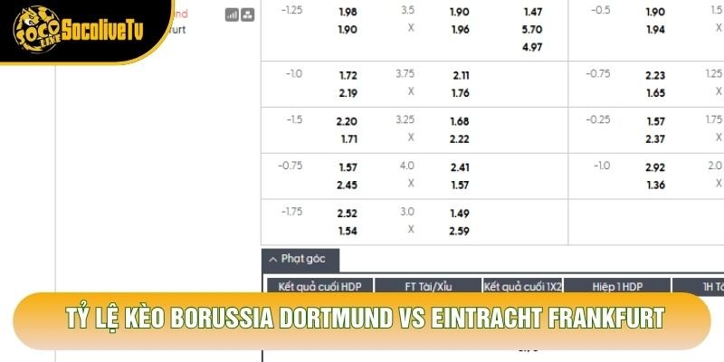 Tỷ lệ kèo Borussia Dortmund vs Eintracht Frankfurt Tỷ lệ kèo Borussia Dortmund vs Eintracht Frankfurt